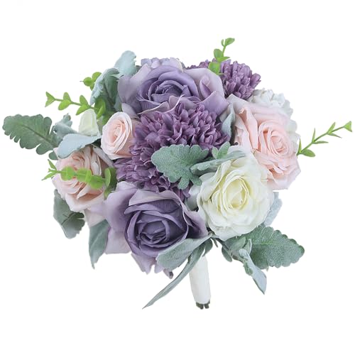 Rinlong 9" Wedding Bouquet for Bride, Pastel Purple Silk Bridal Bouquet - color: 18-light Purple