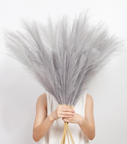 9 Pcs 45" Tall Pampas Grass Grey Decor, Long Stem Artificial Flower Floor Vase Large Faux Floral Pompas Fake Plants Dried Bouquet Arrangement Vase Filler for Boho Home Wedding Decoration - color: 9 Pcs 45" Grey Style