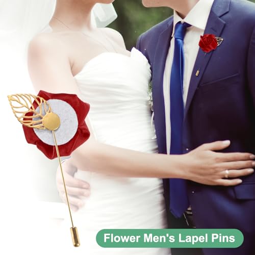 M METERXITY 1-Pack Flower Lapel Pins for Men, Golden Leaf Rose Boutonnieres Pin Groom Boutonnieres for Wedding/Dance/Party, Men Lapel Pins for Suits Satin Flower Corsage [Wine Red] - color: Wine Red