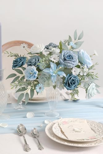 Blue Artificial Flowers Silk Fake Roses Peonies Greenery Combo Box Set for DIY Wedding Bouquets Bridal Shower Centerpieces Floral Arrangements Party Tables Home Decoration - color: Gradient Blue