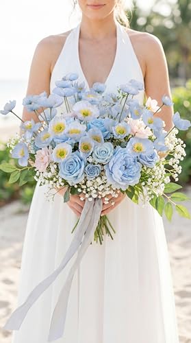 10 Pcs Blue Artificial Poppy Flowers with 40 Heads Lifelike Silk Fake Poppies for Vase Faux Poppies with Stem for Spring Wedding Home Table Centerpiece Baby Shower Veterans Day Decor (Blue) - color: Light Blue