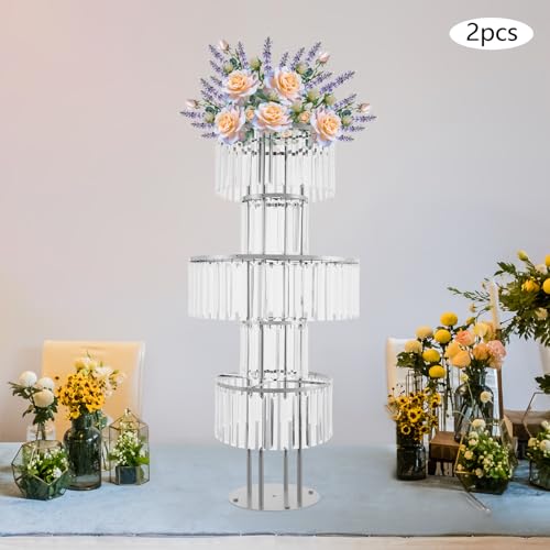 2Pcs 5 Tiers Wedding Centerpieces Vase, 43.3" Tall Wedding Centerpieces Crystal Flower Stand, 5-Tier Crystal Vase with 11" Round Base for Party Event Home Decoration (Silver) - color: Silver+round Base