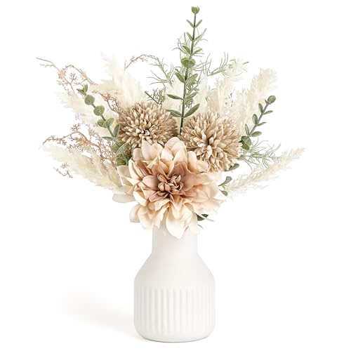 Mkono Small Artificial Flowers in Ceramic Vase 12.5" Centerpieces Coffee Table Decor, Silk Flower Arrangements for Home Decor Indoor Fake Flower Bouquet for Bathroom Dining Room Kitchen Wedding Brown - color: Brown, size: Small