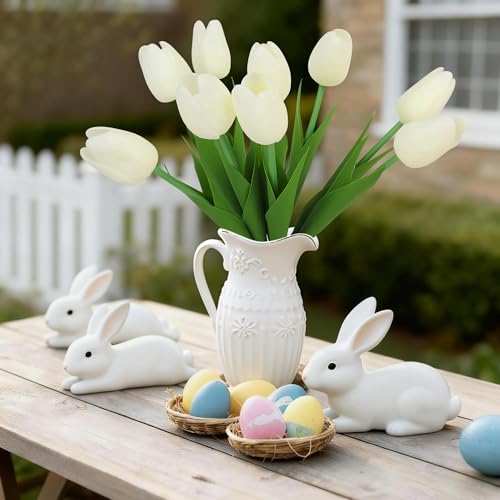 Artificial Tulips Flowers Fake Latex Tulip Stems - 30pcs Real Touch Faux Multicolor Tulips Flower for Easter Spring Wedding Bouquet Centerpiece Floral Arrangement Cemetery Table Decor - color: Cream