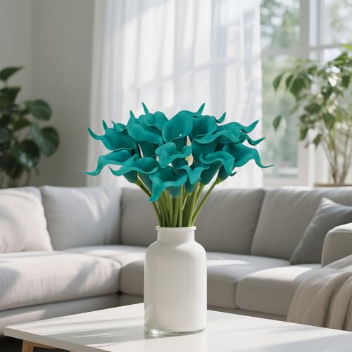 20Pcs PU Calla Lily Artificial Flowers Indoor Fake Flowers Artificial Realistic Fake Flowers for Wedding Bouquet Home Decoration Faux DIY Party Living Room Bed Room Kitchen(Blue)