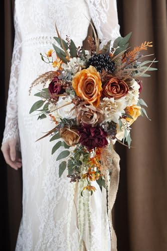 12 Inch Cascade Wedding Bouquets for Bride, Fall Burnt Orange Cascading Bridal Bouquet for Wedding Silk Artificial Flowers - color: Burnt Orange
