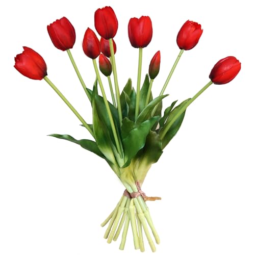 10 Pcs Fake Tulips Tulips Artificial Flowers Real Touch Fake Flowers Artificial Flower Bouquet for Home Table Party Wedding Decoration (Red) - color: Red