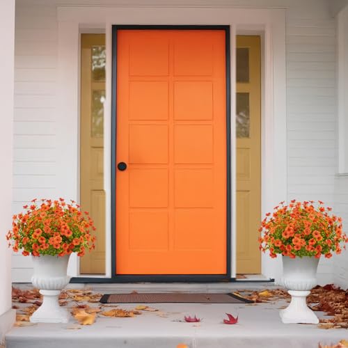 LikSoor 16 Bundles Artificial Flowers Outdoor Spring Summer Decoration Fake Silk Colorful Daisy Eucalyptus Realistic UV Resistant Outside Faux Plants for Garden Porch Window Box Home Decor (Orange) - color: Orange