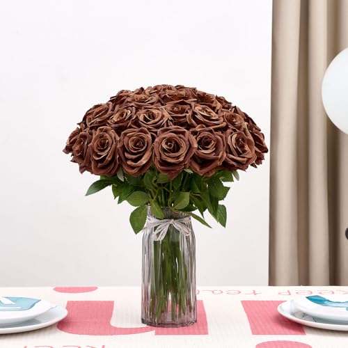 100 Pcs Artificial Roses Bulk Silk Chocolate Roses Tan Roses for Wedding Centerpieces Bridal Bouquet Mohter's Day Valentine's Day Home Decor - color: Chocolate