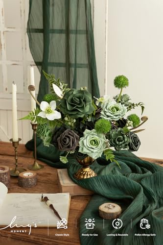 Ling's Moment Fake Flowers Box, Faux Artificial Greenery Stems Foam Roses Gardenia Silk Fabic Flower for Centerpieces Bouquet Wedding Vase Floral Arrangements Decorations, Emerald & Gold, Deluxe Combo - color: Grn-emerald & Gold, size: Deluxe