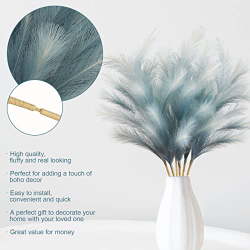 KALYLOC 6Pcs Colorful Faux Pampas Grass, Fluffy Artificial Bulrush Branches Boho Decor, Filler Tall Pampas Grass Reed Fluffy Stems for Living Room Wedding Decoration (Blue)