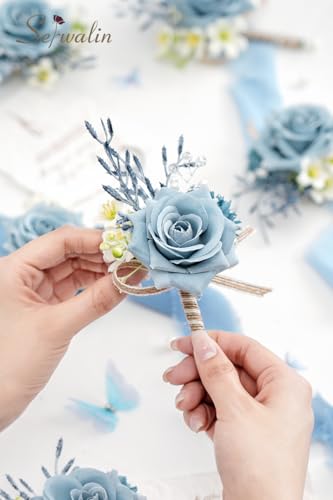 Serwalin 6PCS Boutonniere for Men,Groom and Best Man Boutonnieres for Wedding Decor Prom Anniversary Homecoming Flowers Formal Dinner Party (Blue & Dusty Blue) - color: Dusty Blue, size: Boutonniere 6pcs