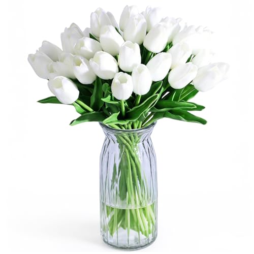20Pcs White Artificial Tulips Flowers - 13.5" Tall Real Touch Fake Tulips for Spring Home Decor Wedding Centerpiece DIY Bouquet & Outdoor Garden Decoration