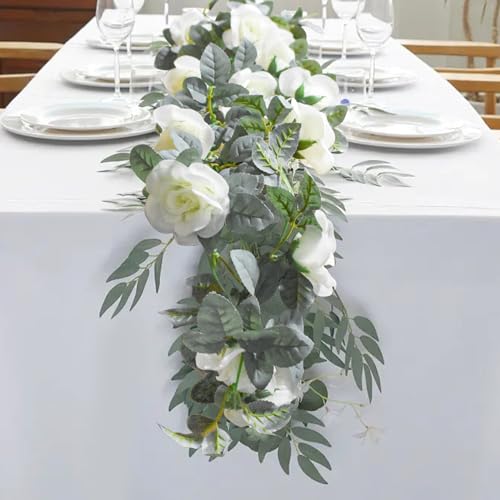 Flower Garland Rose Vine 4Pcs 28FT Artificial Floral Garland with Green Leaves Hanging Rose Vine for Wedding Party Garden Home Wall Decor (White) - color: White
