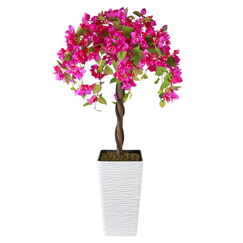 Artificial Bougainvillea Tree 4FT, Fake Silk Floral Tree with White Planter, Decorative Topiary Plant, Potted Faux Flower Tree for Home Porch Decor Indoor Outdoor - color: Rose Red, size: 4ft