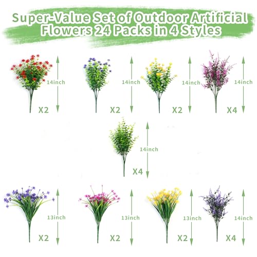 24 Bundles Artificial Flowers for Outdoors UV Resistant, Artificial Flowers Outdoor Decoration, No Fade Faux Fake Flowers Greenery Shrub Plants for Garden Home Front Porch Window Hanging Decor - color: Red+rose Red+purple+yellow, size: 24 Bundles