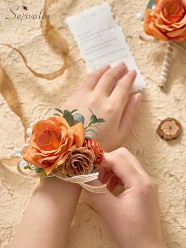 Serwalin Orange Corsage and Boutonniere Set, Boutonniere and Wrist Corsage Wristlet Prom Homecoming Wedding Flowers Accessories Prom Suit Decorations (Orange) - color: Orange, size: 1 Boutonniere & 1 Wrist Corsage - 2pcs