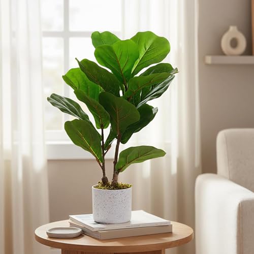 Artificial Fiddle Leaf Fig Tree in Pot 2 Sets, 15.7" Faux Ficus Lyrata Plant Green Bonsai in White Planter, Indoor Decorative Fake Tree for Home Office Desk Living Room, Modern Room Decor - size: 15.7 inches