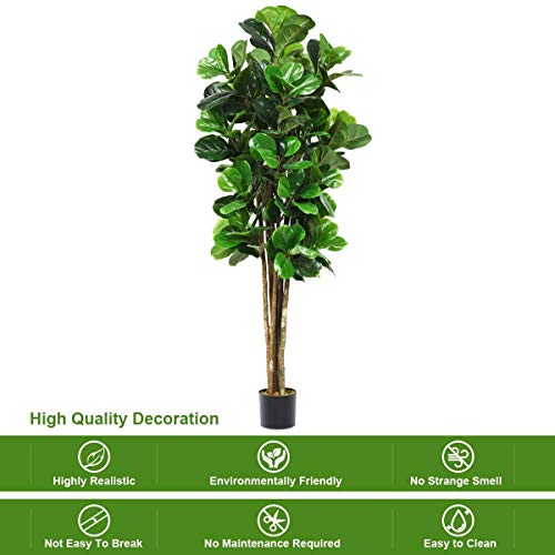 Goplus Fake Fiddle Leaf Fig Tree, 5FT Tall Artificial Tree Greenery Plants in Pots, Decorative Faux Trees for Indoor Home Office - size: 5ft