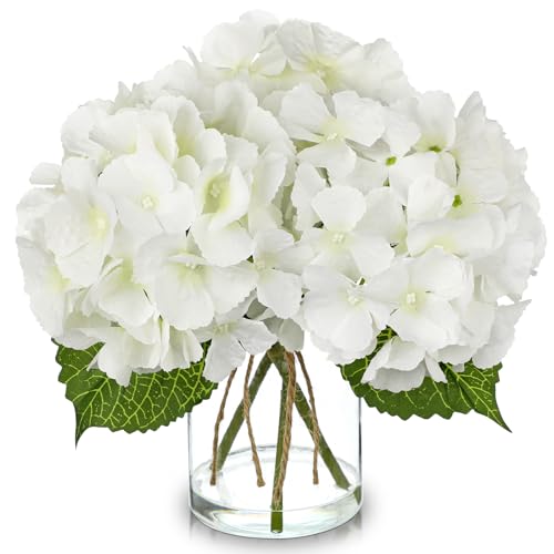Hydrangea Artificial Flowers with Glass Vase, White Real Touch Silk Hydrangea Arrangement with Faux Water, Small Faux Floral Centerpiece for Home Decor, Wedding, Bathroom, Shelf, Coffee Table - color: White-hydrangea
