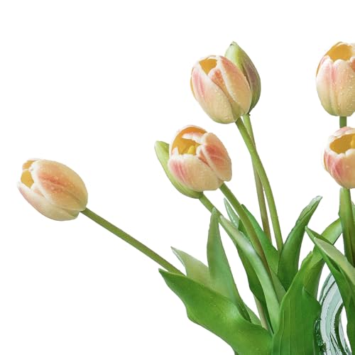 DUYONE 15Pcs Artificial Tulips Flowers, Soft Touch Realistic Latex Tulips Bouquet for Home Office Wedding Party Garden Decor, Fake Flowers for Dining Table Living Room Spring-B Pink Champagne - color: B Style-15pcs Pink Champagne(no Vase)