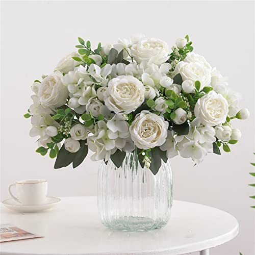 4 Bunches White Peonies Artificial Flowers for Decoration Faux Roses Fake Bouquet Arrangements Plastic Table Centerpiece Silk Flores for Vase Party Wedding Home Décor (White) - color: White