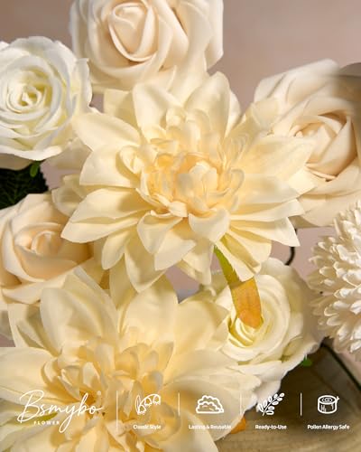 BSMYBO White Flower Artificial Roses Faux Flowers with Stems Mix Fake Roses Dahlia Chrysanthemum Ball for Wedding Bridal Bouquets, Table Centerpieces, Baby Shower, Party, Home Decorations - color: Ivory, size: PureBlooms