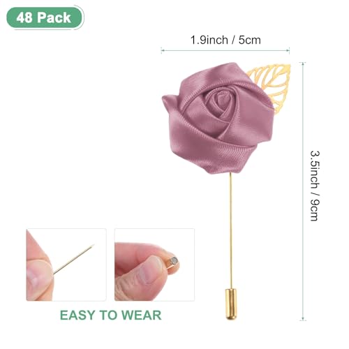 M METERXITY 48-Pack Flower Lapel Pins for Men, Golden Leaf Rose Boutonnieres Pin Groom Boutonnieres for Wedding/Dance/Party, Men Lapel Pins for Suits Satin Flower Corsage [Bean Paste Red] - color: Bean Paste Red