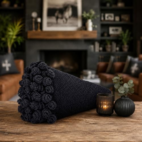 Crochet Flower Bouquet Throw Blanket, Cute Romantic Gift for Her Girlfriend Mom Mother’s Day Valentine Wedding Anniversary Birthday (Black, 32 inches) - color: Black, size: 32 inches