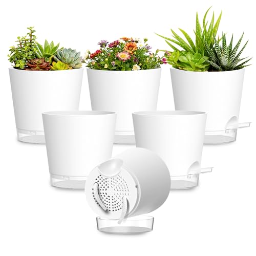 Plant Pots 6 Inch Self Watering Pots,6 Pack Plastic Planters with Drainage Holes and Clear Saucers,Plastic Flower Pots,Nursery Planting Pot for Indoor Out Door Plants (White) - color: White, size: 6 inch