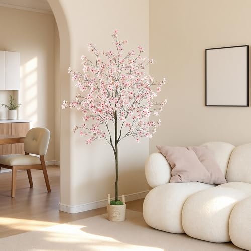 Caxchiling 6FT Cherry Bloosom Tree for Indoor Outdoor, Artificial Pink Flower Tree with Basket and Moss Topper, Faux Floor Plants for Home Office Living Room Bedroom Doorway Hallway, Spring Decor