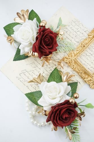 Burgundy Corsage and Boutonniere Set for Wedding Prom, Artificial Rose Flower Wrist Corsage Bracelets, Homecoming Corsage Wristlet, Boutonniere for Men Wedding Suit Decorations - color: Burgundy