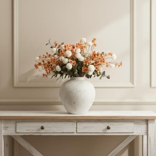 RyddeligHome Artificial White Kiku & Orange Wax Flowers, 22 Long Stems Bulk Silk Flowers for Vases, Floral Stems Arrangements for Modern Home Decor, Centerpieces for Tables, Rustic Decorations - color: Orange Wax+kiku