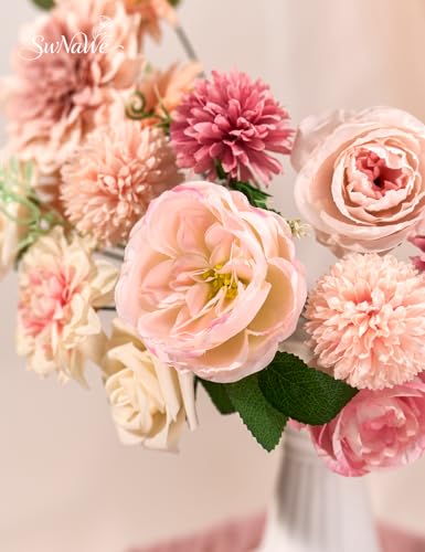 Pink Flowers Artificial Roses Combo Set Fake Pink Silk Flowers Faux Peony Flowers Mix Chrysanthemum Dahlia with Stems for Wedding Bouquets Baby Bridal Shower Party Floral Arrangements Decor - color: Blush Pink, size: The Modern Classic