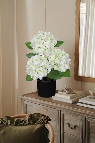 Hollyone White Hydrangea Artificial Flowers in Pots 19.7" Faux Silk Hydranges Flowers Tree Arrangements for Home Bathroom Office Table Centerpiece Shelf Decorations - color: White, size: 3 Head Hydrangea