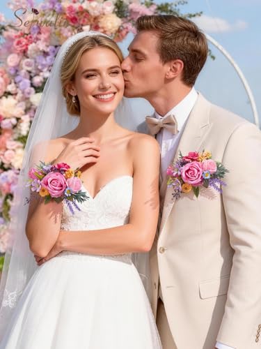 Serwalin 2Pcs Corsage and Boutonniere Set,Pastel Rose Corsage Wristlet and Pocket Boutonniere for Prom Wedding Homecoming Anniversary Graduation - color: Pastel