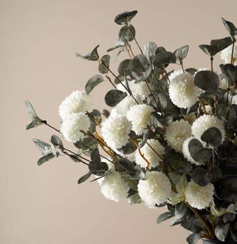 Laelfe 10 Kiku Artificial Flowers + 5 Large Eucalyptus Branches, Silk Fake White Flowers Pompon Mums (Ball Flower Stems) - Decor for Home, Centerpieces & Shower Arrangements(Vase not Included) - color: 10 Kiku+5 Eucalyptus