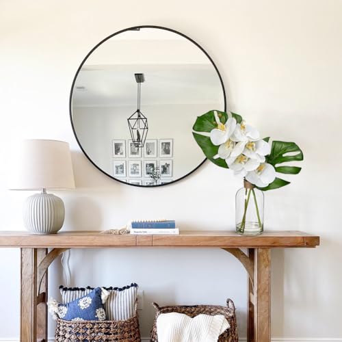 Artificial Monstera Plant and Fake Orchid in Glass Vase, 13.8" Real Touch Fake Plant Tropical Leaves Orchids Artificial Flowers with Faux Water for Home Bathroom Kitchen Office Centerpiece Room Décor - color: Monstera + Orchids