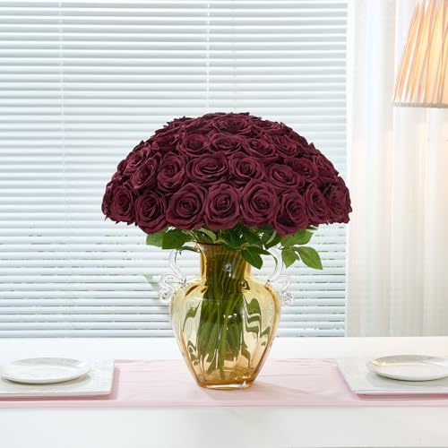 100pcs Burgundy Roses Artificial Flowers, Wine Red Artificial Flowers Bulk Realistic Silk Faux Roses with Stems for Wedding Table Centerpieces Bridal Bouquet DIY Floral Arrangement Event Party - color: Burgundy