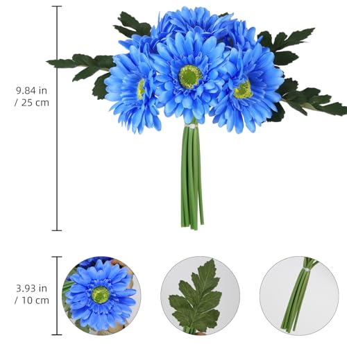 IPOPU 2 Bundles Artificial Gerbera Daisy Flowers 14 Heads Blue Fake Daisy with Stems Faux Silk Daisy Flowers for Wedding Bridal Bouquet Party Floral Arrangements Table Centerpiece Decor (Blue) - color: Blue