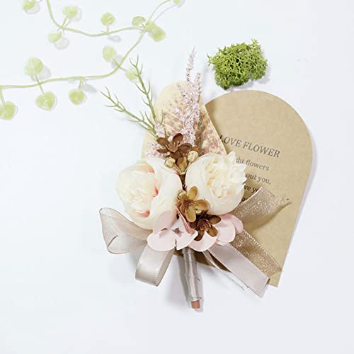 MAFELOE Wrist Corsage & Boutonniere Set, Creamy+Brown+Pink, 2 Pieces | Artificial Flowers, For Groom Bride Groomsmen Bridesmaids, Wedding Party Prom Suit Accessories