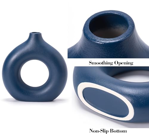 Ceramic Donut Vase Set of 2 Home Decor Modern Farmhouse Style Living Room Ornament Dining Table Room Pottery Purple Small Vases for Dried Flowers - color: Vt11 Blue