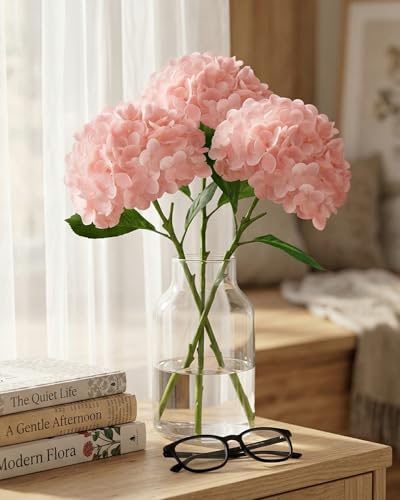 3Pcs Real Touch Light Pink Hydrangea Artificial Flowers - 16.7" 3D Latex Light Blush Pink Faux Hydrangeas with 7.1" Large Head for Bridal Bouquet, Baby Shower Decor - color: Light Pink