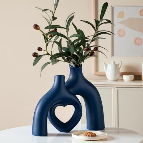 Liotww Snuggle Hollow Decorative Ceramic Vase, 8.3 Inch Hug Donut Modern Nordic Boho Style Vases for Aesthetic Home Decor, Anthropologie Living Room Shelf Coffee Table Décor (Navy Blue) - color: Heart - Navy Blue