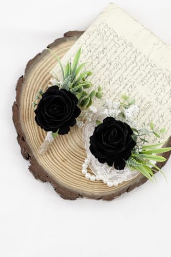 Ansofi Black Corsage and Boutonniere Set Artificial Rose Flower Wrist Corsage and Boutineers for Groom Groomsmen Bride Bridesmaids Prom Rustic Vintage Wedding Decor - color: Black