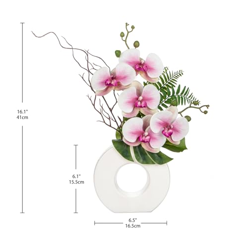 Briful Orchid Artificial Flowers 16.1'' Pink Orchid Silk Flowers with Ceramic Vase Faux Orchid Arrangement for Home Office Bathroom Table Centerpiece Indoor Decoration - color: Pink