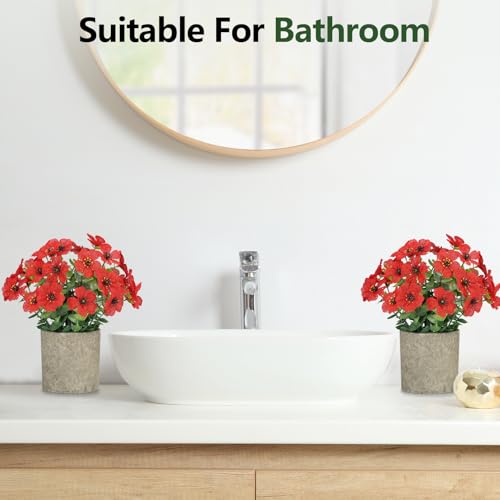 FAVOWREATH 2 Pack Small Fake Plants Potted Artificial Plants Artificial Flowers Potted Faux Flower Daisy with Eucalyptus Leaves for Home Decor Office Room Farmhouse Indoor Table Bathroom Decor（Red） - color: Red