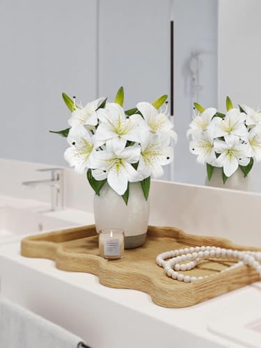 Oairse Artificial Tiger Lily Silk Flowers - 3 Pcs Faux Lily Flower 14.9" Fake Lilies Bouquets Faux Stargazer Lilies Stem with 6 Heads & 3 Buds for Indoor Outdoor Home Table Wedding Decor (White) - color: White