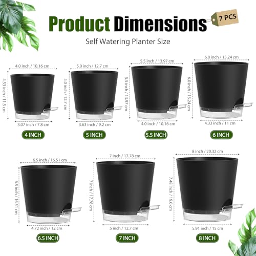 Plant Pots 4/5/5.5/6/6.5/7/8 Inch Self Watering Pots, 7 Pack Plastic Planters with Drainage Holes and Clear Saucers,Plastic Flower Pots,Nursery Planting Pot for Indoor Out Door Plants(Black) - color: Black, size: 4/5/5.5/6/6.5/7/8 inch