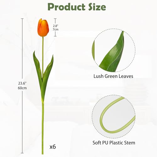 6PCS 23" Fake Tulip Flowers Artificial Orange Tulips Long Stem Faux Flower, Silk Flower Décor for Floral Arrangement Home Farmhouse Wedding Decoration - color: Orange